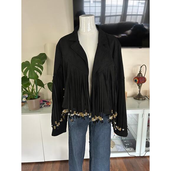 Black Fringe Jacket Western Boho Festival Statement Piece PrettyGarden Size XXL - Picture 1 of 9